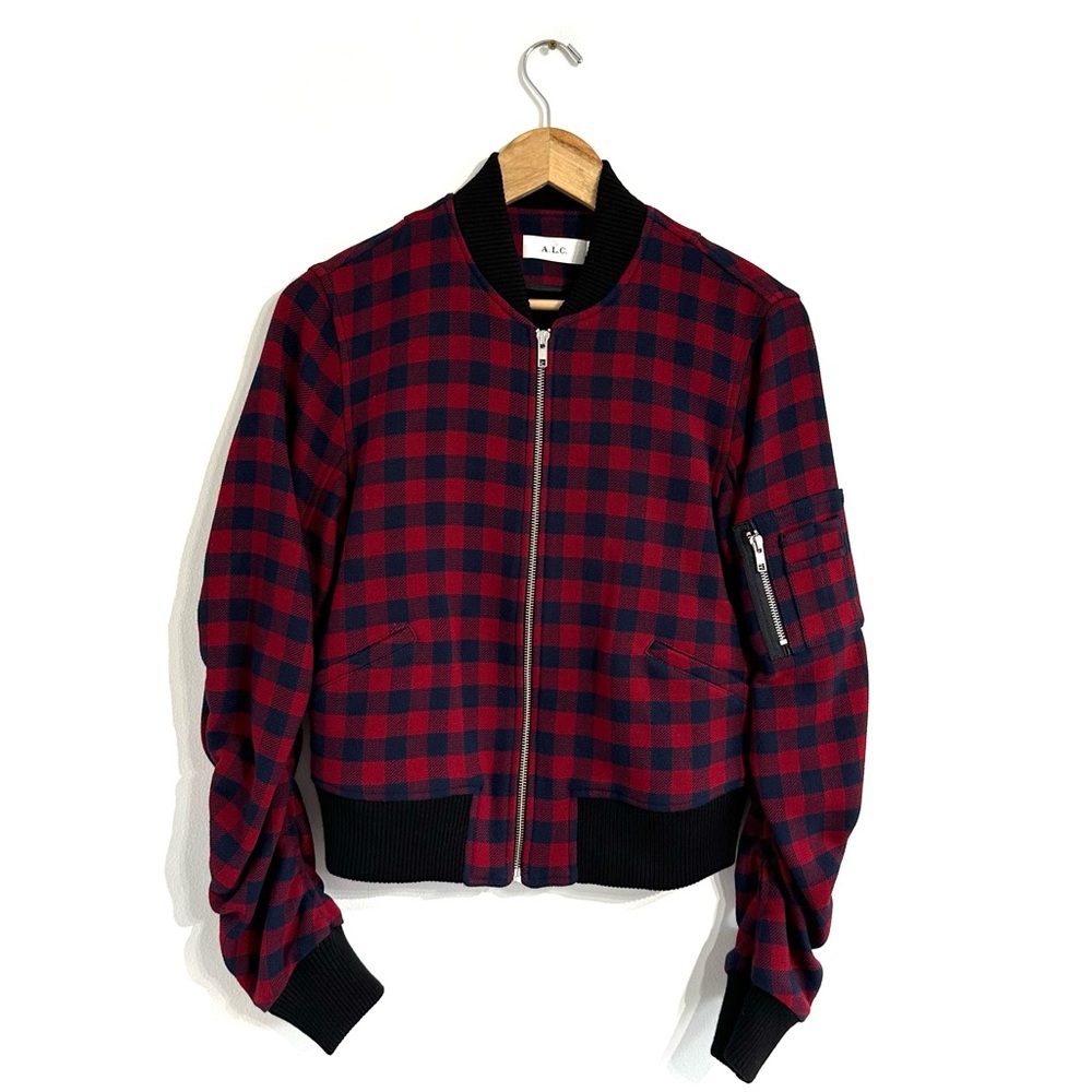 A.L.C. Andrew Gingham Wool Bomber Jacket checked blue red pattern zip closure